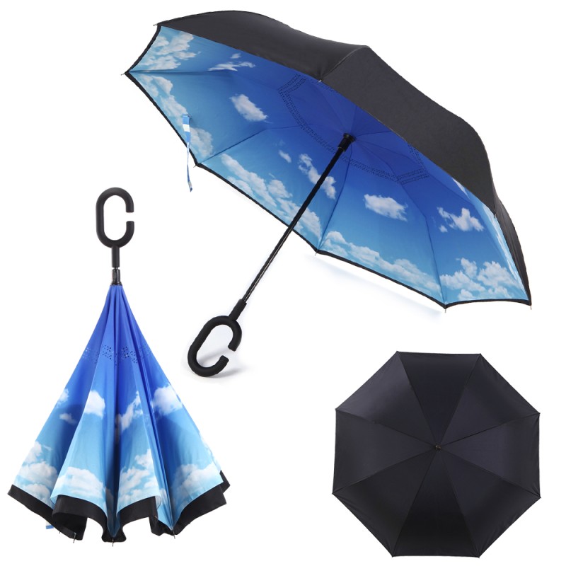 Windproof Inverted Umbrella for Cars Reverse Open Double Layer with UV Protection and C-Shape Sweat-proof Handle - Sky| By HomeyHomes